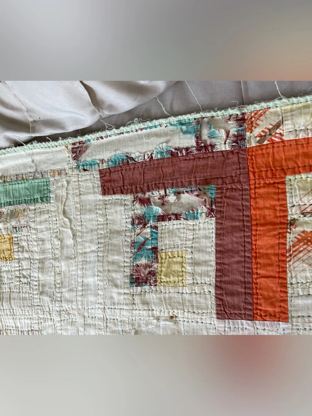 Vintage 1930s 40s Feedsack Log Cabin Quilt Hand Quilted Cutter Folk Art